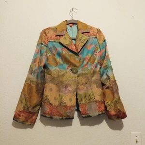 Eye Vintage Tan Blue Floral Print Single Button Blazer Jacket sz 8
